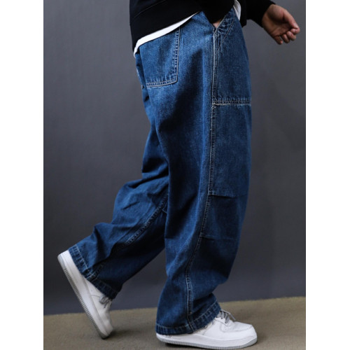 春秋新款美式復古水洗多口袋工裝牛仔褲男士潮牌寬鬆濶腿褲老爹褲