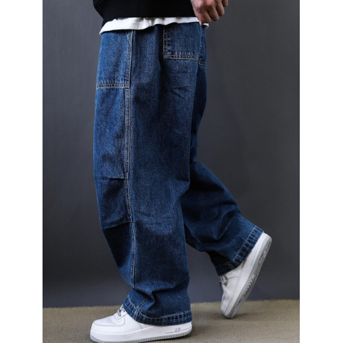 春秋新款美式復古水洗多口袋工裝牛仔褲男士潮牌寬鬆濶腿褲老爹褲