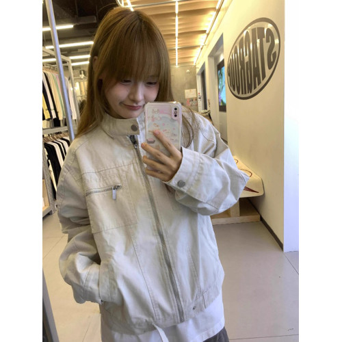 春秋新款水洗帆布哈靈頓夾克外套男美式復古寬鬆白色工裝牛仔衣潮