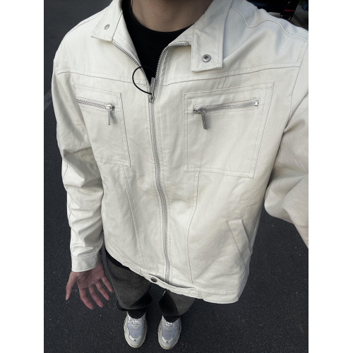 春秋新款水洗帆布哈靈頓夾克外套男美式復古寬鬆白色工裝牛仔衣潮