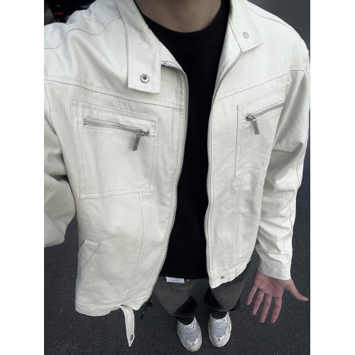 春秋新款水洗帆布哈靈頓夾克外套男美式復古寬鬆白色工裝牛仔衣潮