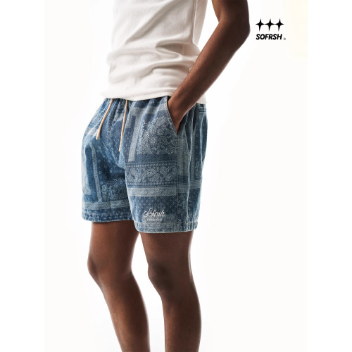 SOFRSH牛仔短褲男美式復古潮流水洗做舊五分褲寬鬆腰果花休閒褲