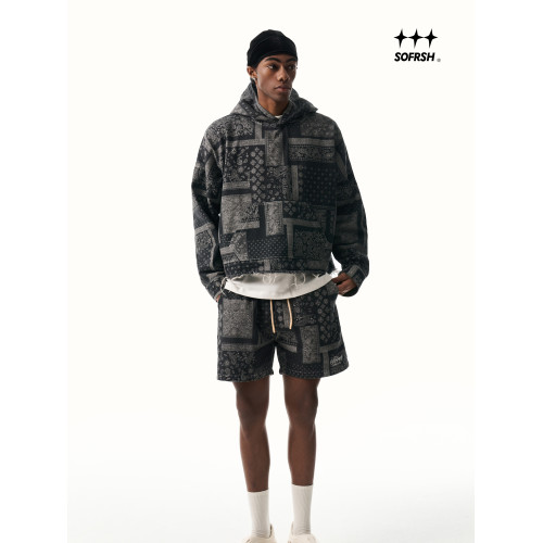 SOFRSH牛仔短褲男美式復古潮流水洗做舊五分褲寬鬆腰果花休閒褲