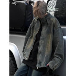 美式復古水洗做舊黃泥染立領牛仔夾克男春秋季痞帥寬鬆拉鍊外套潮