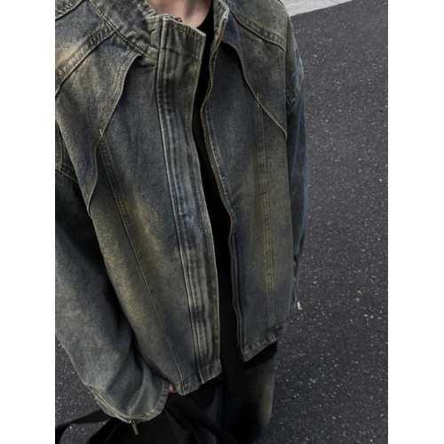 美式復古水洗做舊黃泥染立領牛仔夾克男春秋季痞帥寬鬆拉鍊外套潮