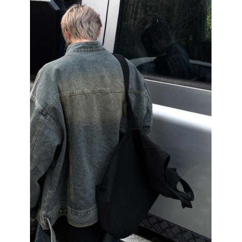 美式復古水洗做舊黃泥染立領牛仔夾克男春秋季痞帥寬鬆拉鍊外套潮