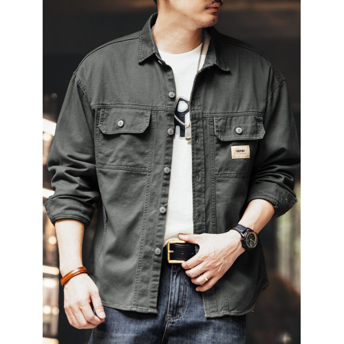 美式重磅純棉牛仔襯衫外套男秋季寬鬆襯衣法式硬漢獵裝工裝夾克潮