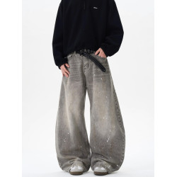 美式復古水洗做舊灰色潑墨彎刀牛仔褲男女百搭街頭寬鬆休閒濶腿褲