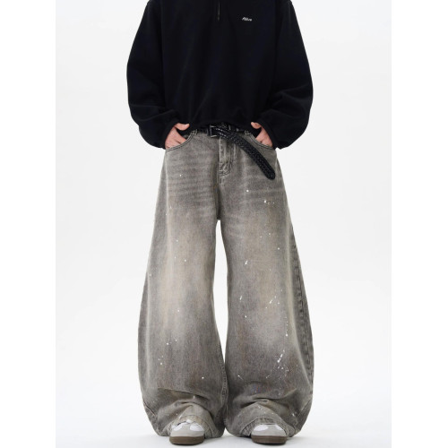 美式復古水洗做舊灰色潑墨彎刀牛仔褲男女百搭街頭寬鬆休閒濶腿褲