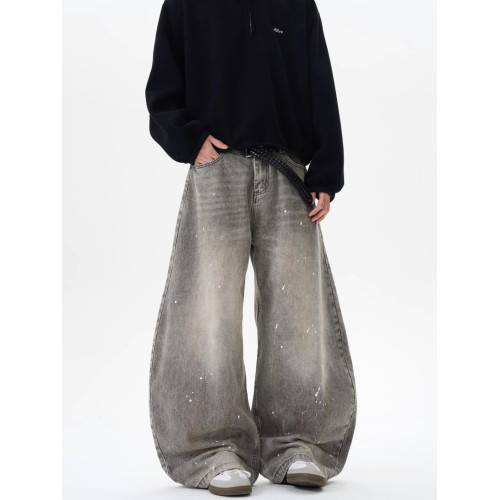 美式復古水洗做舊灰色潑墨彎刀牛仔褲男女百搭街頭寬鬆休閒濶腿褲