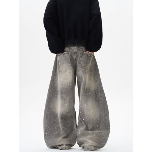 美式復古水洗做舊灰色潑墨彎刀牛仔褲男女百搭街頭寬鬆休閒濶腿褲