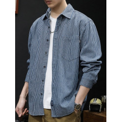 日系復古條紋牛仔襯衫男長袖春秋季潮牌寬鬆休閒百搭襯衣外套上衣