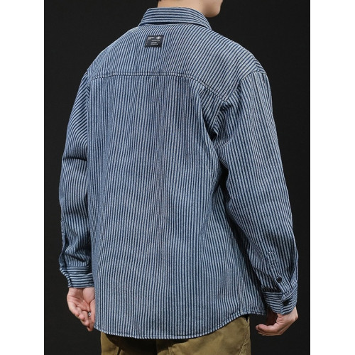 日系復古條紋牛仔襯衫男長袖春秋季潮牌寬鬆休閒百搭襯衣外套上衣