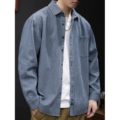 日系復古條紋牛仔襯衫男長袖春秋季潮牌寬鬆休閒百搭襯衣外套上衣