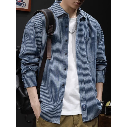 日系復古條紋牛仔襯衫男長袖春秋季潮牌寬鬆休閒百搭襯衣外套上衣