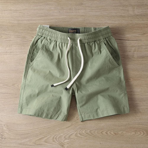 夏季純棉四分短褲男士美式休閒工裝松緊腰青年松緊沙灘運動三分褲