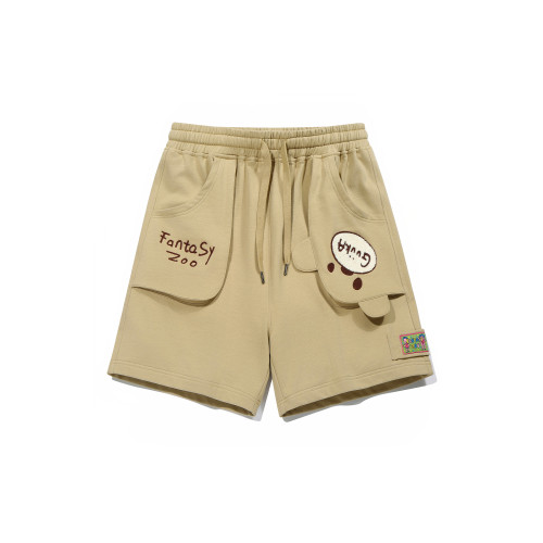 GUUKA潮牌卡其色立體小熊重磅純棉短褲男夏 刺綉五分褲子寬鬆中褲