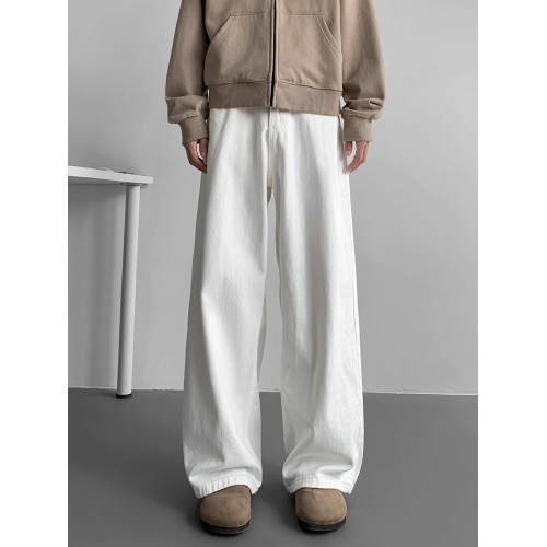 加長白色牛仔褲男高個子純色褲子男士秋季垂感加絨休閒褲大碼寬鬆