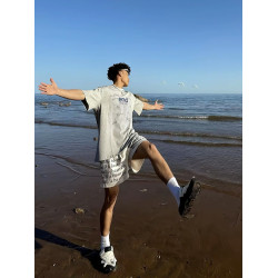 美式字母滿印抽繩四分短夏網眼籃球運動褲hell is heaven不過膝褲