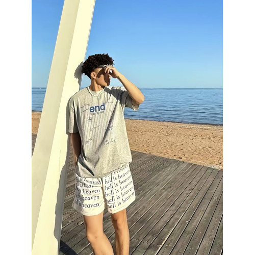 美式字母滿印抽繩四分短夏網眼籃球運動褲hell is heaven不過膝褲