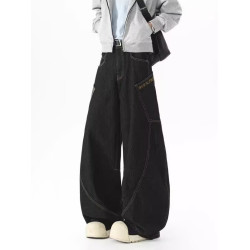 美式復古街頭蟒紋黑色彎刀牛仔褲男女百搭濶腿baggy拖地休閒褲子