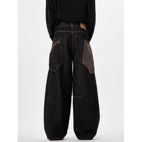 美式復古街頭蟒紋黑色彎刀牛仔褲男女百搭濶腿baggy拖地休閒褲子