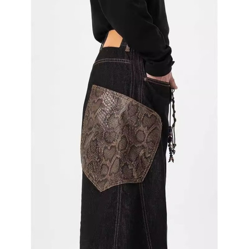 美式復古街頭蟒紋黑色彎刀牛仔褲男女百搭濶腿baggy拖地休閒褲子