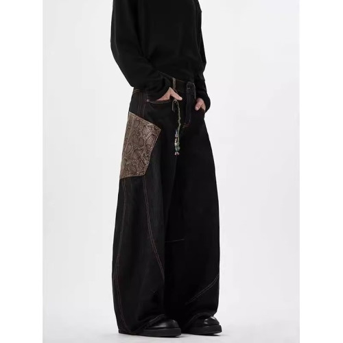 美式復古街頭蟒紋黑色彎刀牛仔褲男女百搭濶腿baggy拖地休閒褲子
