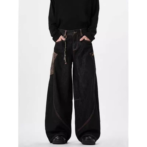 美式復古街頭蟒紋黑色彎刀牛仔褲男女百搭濶腿baggy拖地休閒褲子