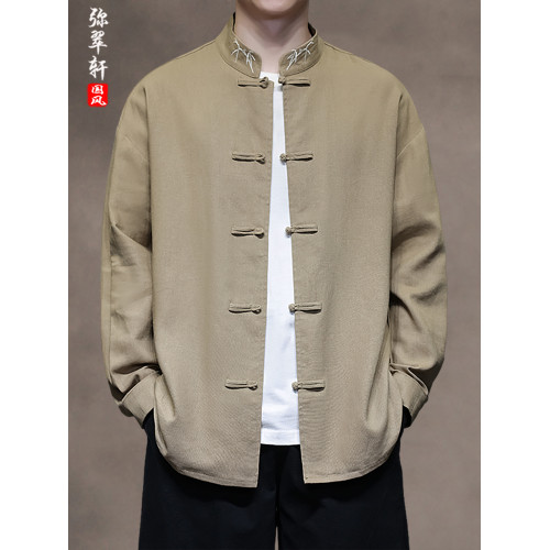 新中式復古穿搭風亞麻唐裝長袖襯衫春秋男士立領盤釦刺綉上衣