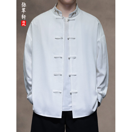 新中式復古穿搭風亞麻唐裝長袖襯衫春秋男士立領盤釦刺綉上衣