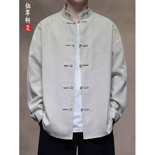 新中式復古穿搭風亞麻唐裝長袖襯衫春秋男士立領盤釦刺綉上衣