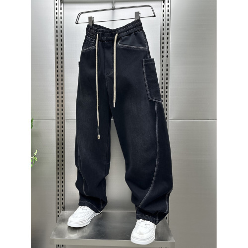 牛仔褲男士秋冬新款加絨加厚潮牌彎刀褲美式直筒褲水洗復古工裝褲