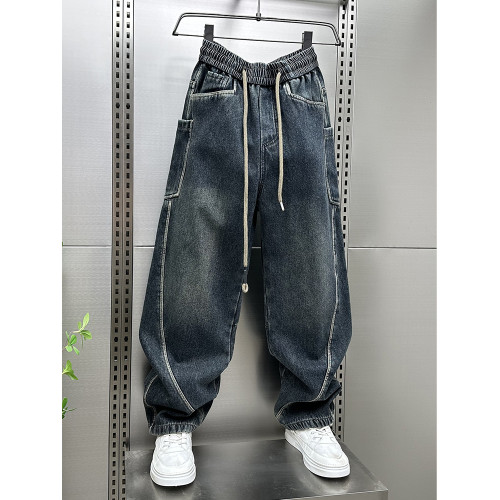 牛仔褲男士秋冬新款加絨加厚潮牌彎刀褲美式直筒褲水洗復古工裝褲