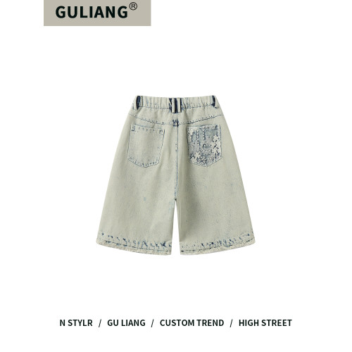 GU LIANG「潮流自定義」好物精選丨美式街頭水洗蕾絲拼接五分褲潮