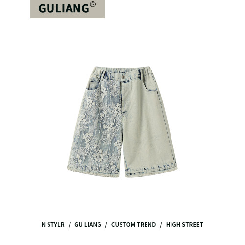 GU LIANG「潮流自定義」好物精選丨美式街頭水洗蕾絲拼接五分褲潮