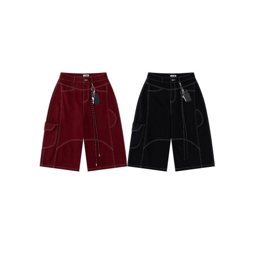 美式復古解搆明線多口袋工裝短褲男女設計感濶腿褲牛仔七分褲潮牌