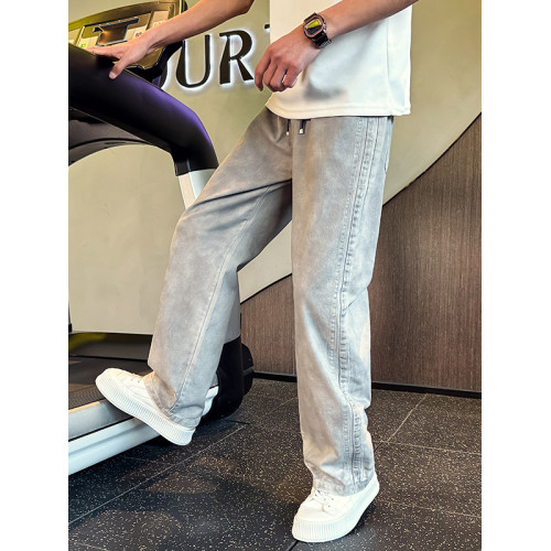 Oboy春夏季水洗做舊復古休閒褲男潮流寬鬆濶腿褲痞帥工裝彎刀褲潮