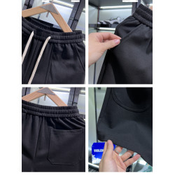 潮牌歐貨男士夏裝四分中褲松緊休閒純色五分短褲運動衛褲潮流刺綉