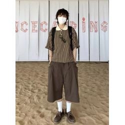 日系復古純色簡約休閒七分褲男女夏季慵懶風寬鬆直筒百搭情侶短褲