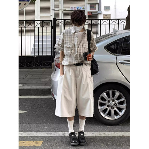 日系復古純色簡約休閒七分褲男女夏季慵懶風寬鬆直筒百搭情侶短褲