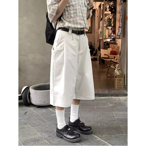 日系復古純色簡約休閒七分褲男女夏季慵懶風寬鬆直筒百搭情侶短褲