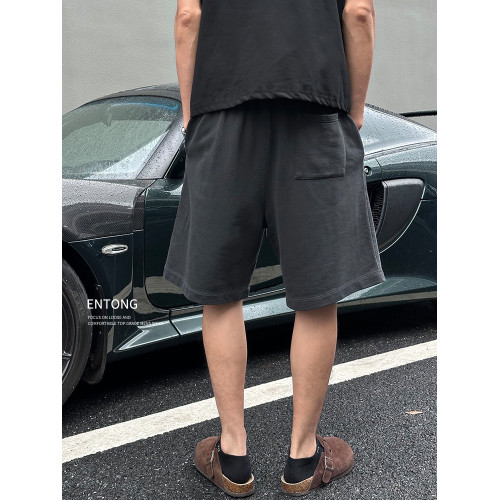 Entong美式潮牌重磅水洗休閒短褲男夏季薄款大碼寬鬆運動五分褲子