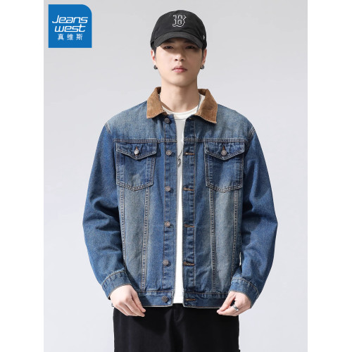 真維斯藍色襯衫式牛仔外套男款2025新款水洗做舊寬鬆潮牌工裝夾克