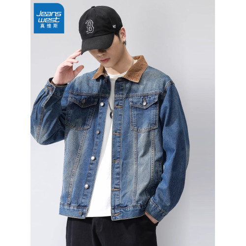 真維斯藍色襯衫式牛仔外套男款2025新款水洗做舊寬鬆潮牌工裝夾克