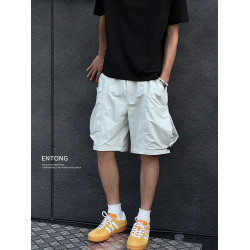 Entong夏季白色大口袋工裝短褲男士夏外穿薄款美式寬鬆休閒五分褲