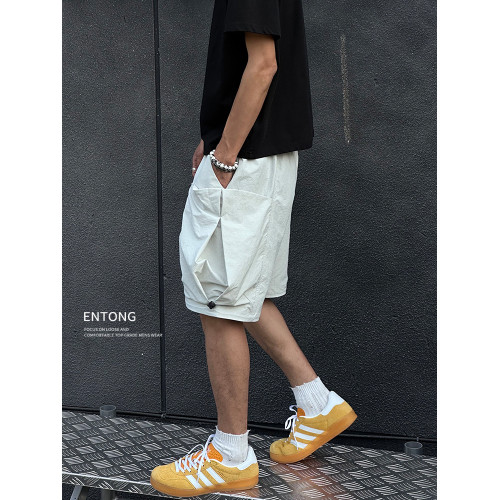 Entong夏季白色大口袋工裝短褲男士夏外穿薄款美式寬鬆休閒五分褲