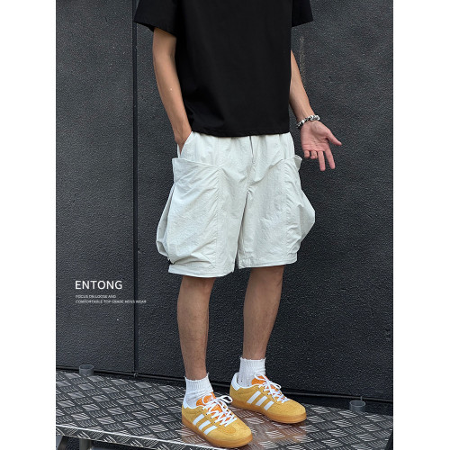 Entong夏季白色大口袋工裝短褲男士夏外穿薄款美式寬鬆休閒五分褲