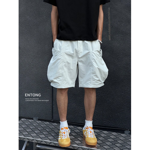 Entong夏季白色大口袋工裝短褲男士夏外穿薄款美式寬鬆休閒五分褲