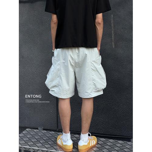 Entong夏季白色大口袋工裝短褲男士夏外穿薄款美式寬鬆休閒五分褲